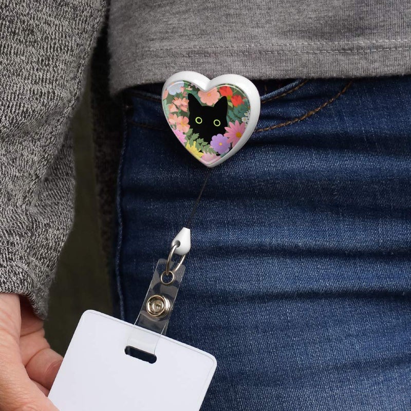 GRAPHICS & MORE Black Cat Hiding in Spring Flowers Heart Lanyard Retractable Reel Badge ID Card Holder - Image 2